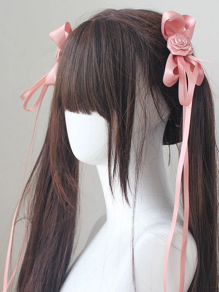Bowknot Details Rosette Decorated Pink Hair Clips