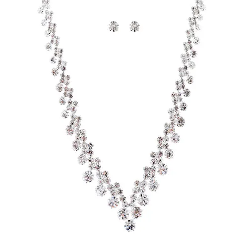 Bridal Wedding Jewelry Crystal Rhinestone Chic V Drop Necklace Set J687 Silver