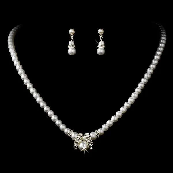 Bridal Wedding Jewelry Set Beautiful Single Strand Pearls Chic Necklace Silver