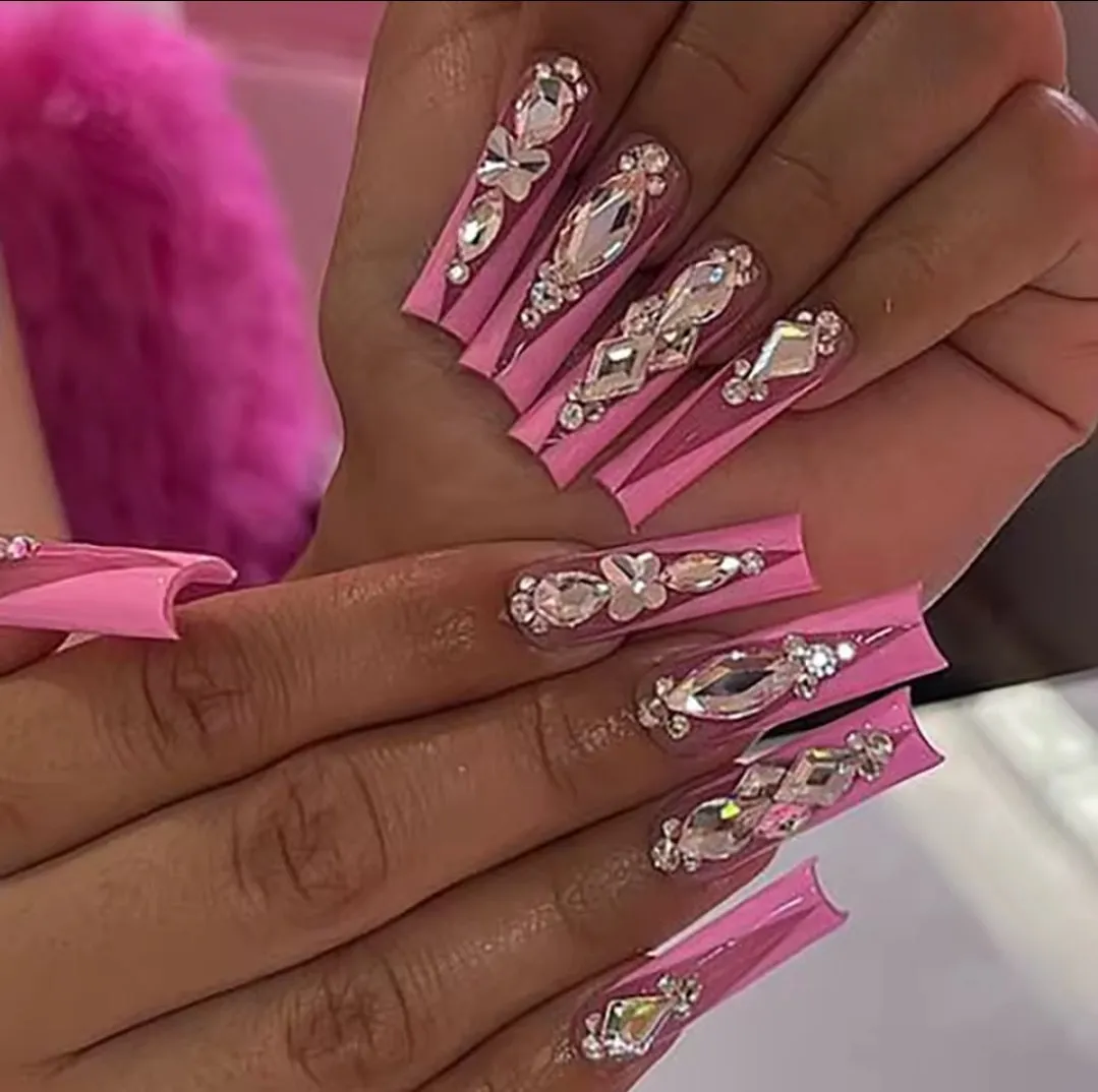 Chic rhinestone pink nails