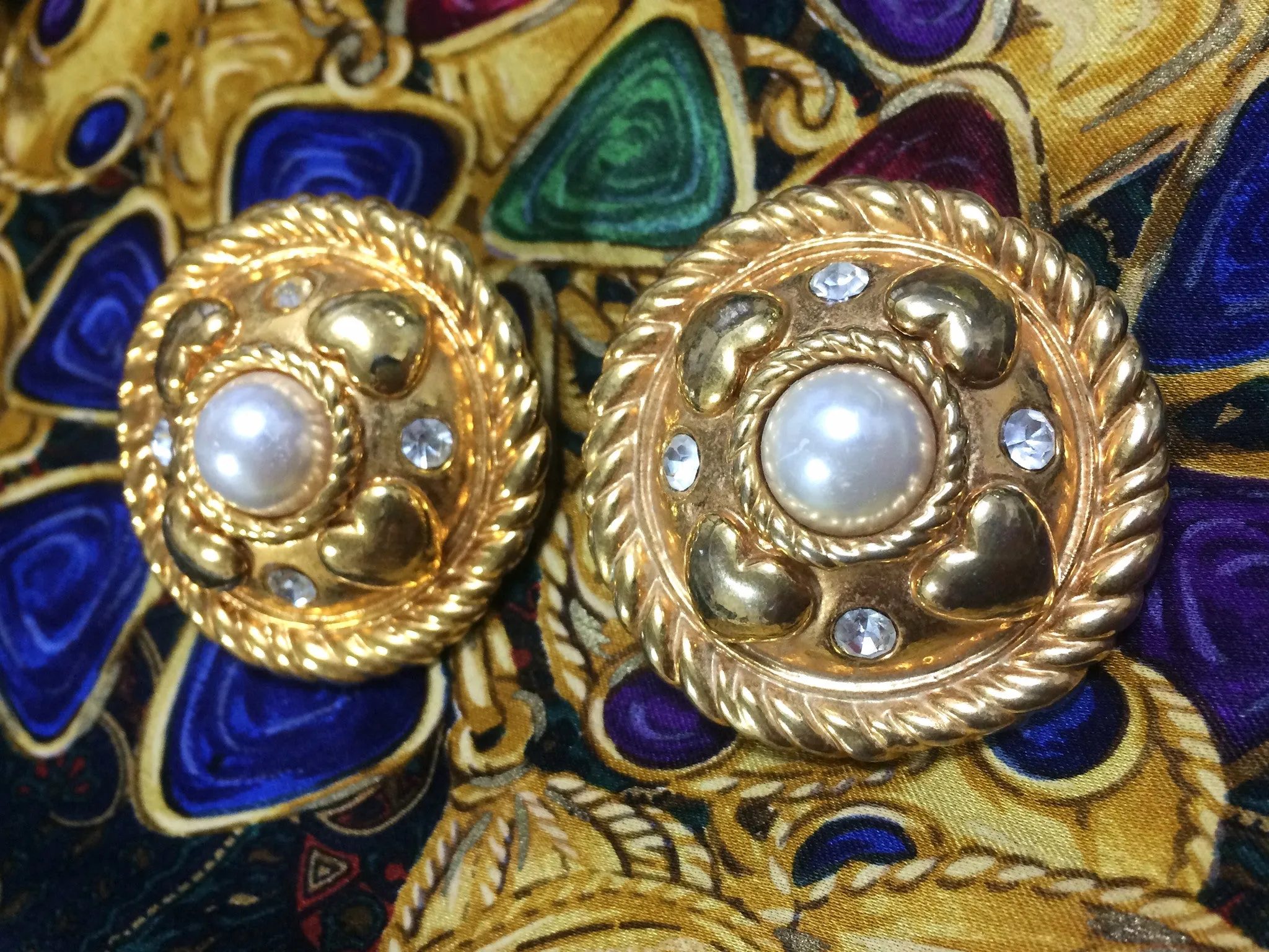 Vintage ESCADA extra large round golden earrings with heart, faux pearl, and rhinestones. 05062811