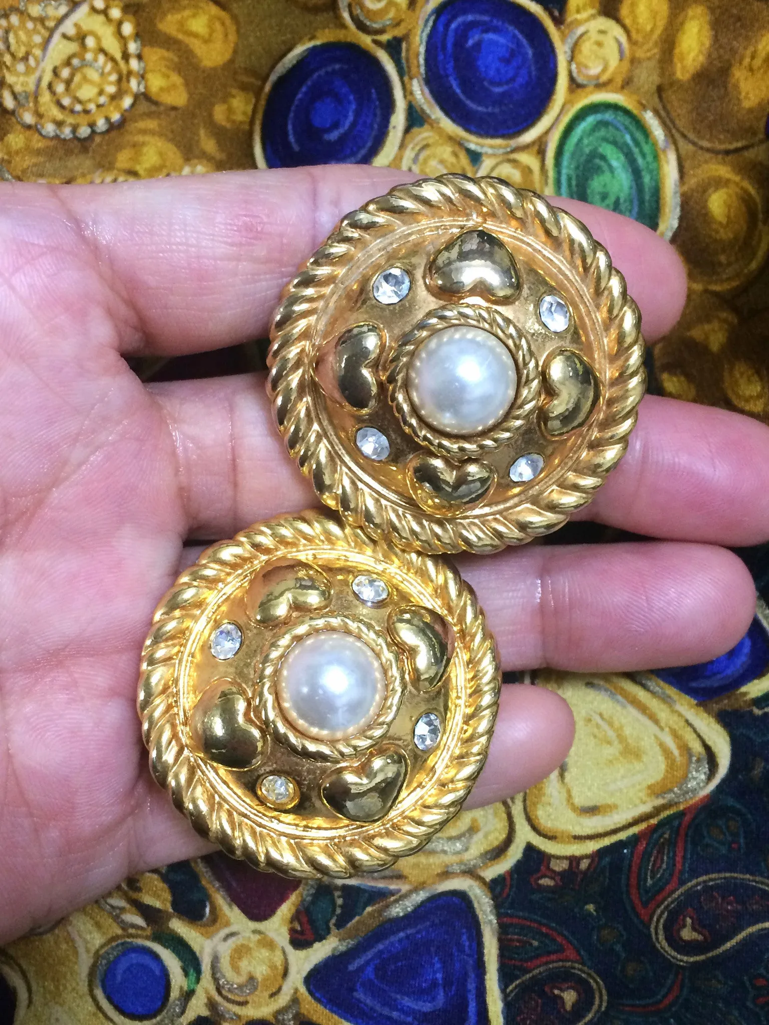 Vintage ESCADA extra large round golden earrings with heart, faux pearl, and rhinestones. 05062811