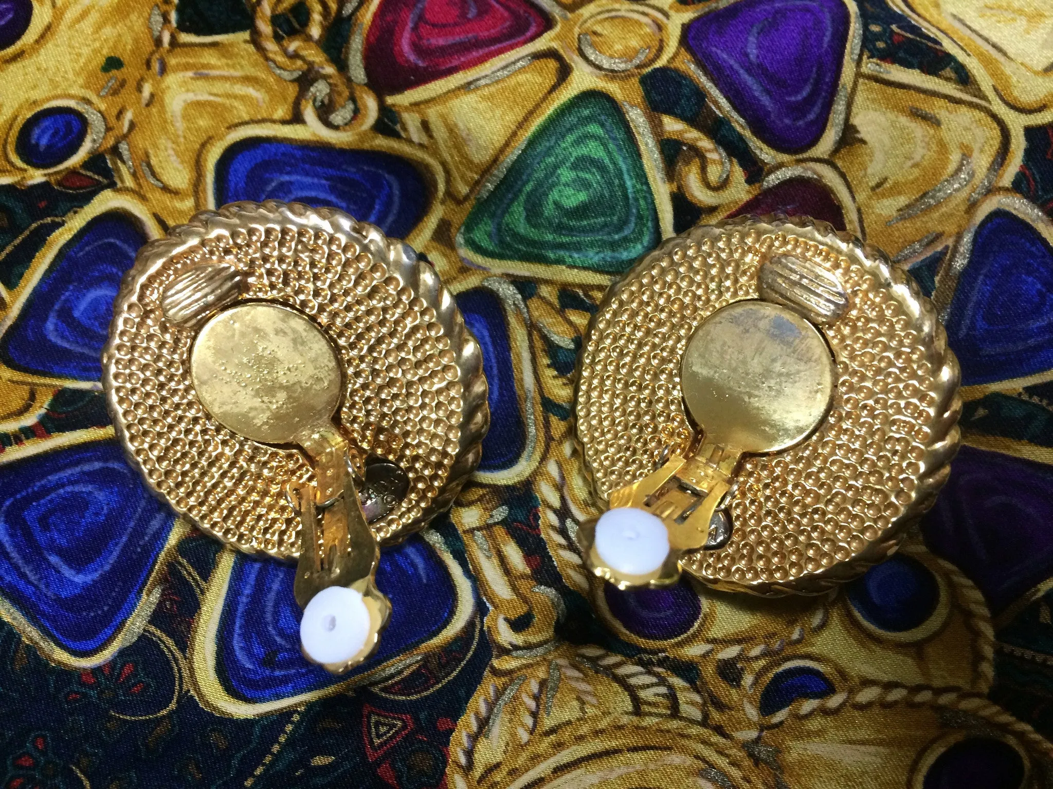 Vintage ESCADA extra large round golden earrings with heart, faux pearl, and rhinestones. 05062811