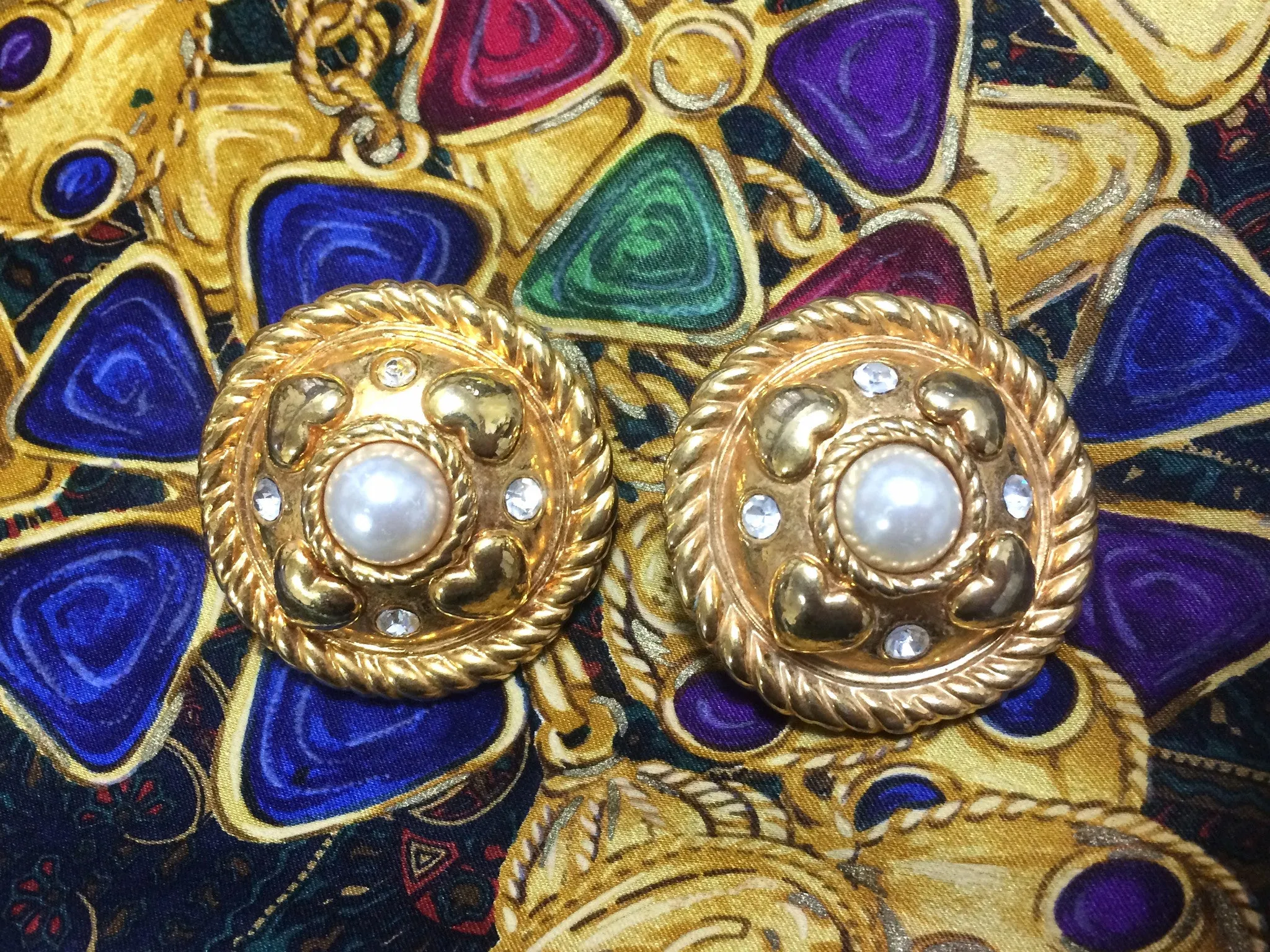 Vintage ESCADA extra large round golden earrings with heart, faux pearl, and rhinestones. 05062811