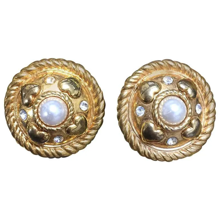 Vintage ESCADA extra large round golden earrings with heart, faux pearl, and rhinestones. 05062811
