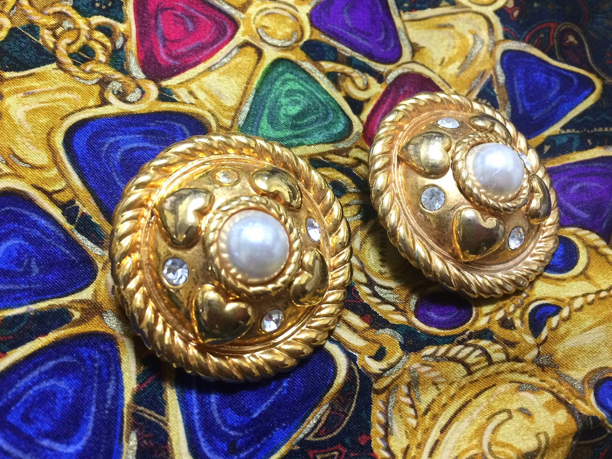 Vintage ESCADA extra large round golden earrings with heart, faux pearl, and rhinestones. 05062811