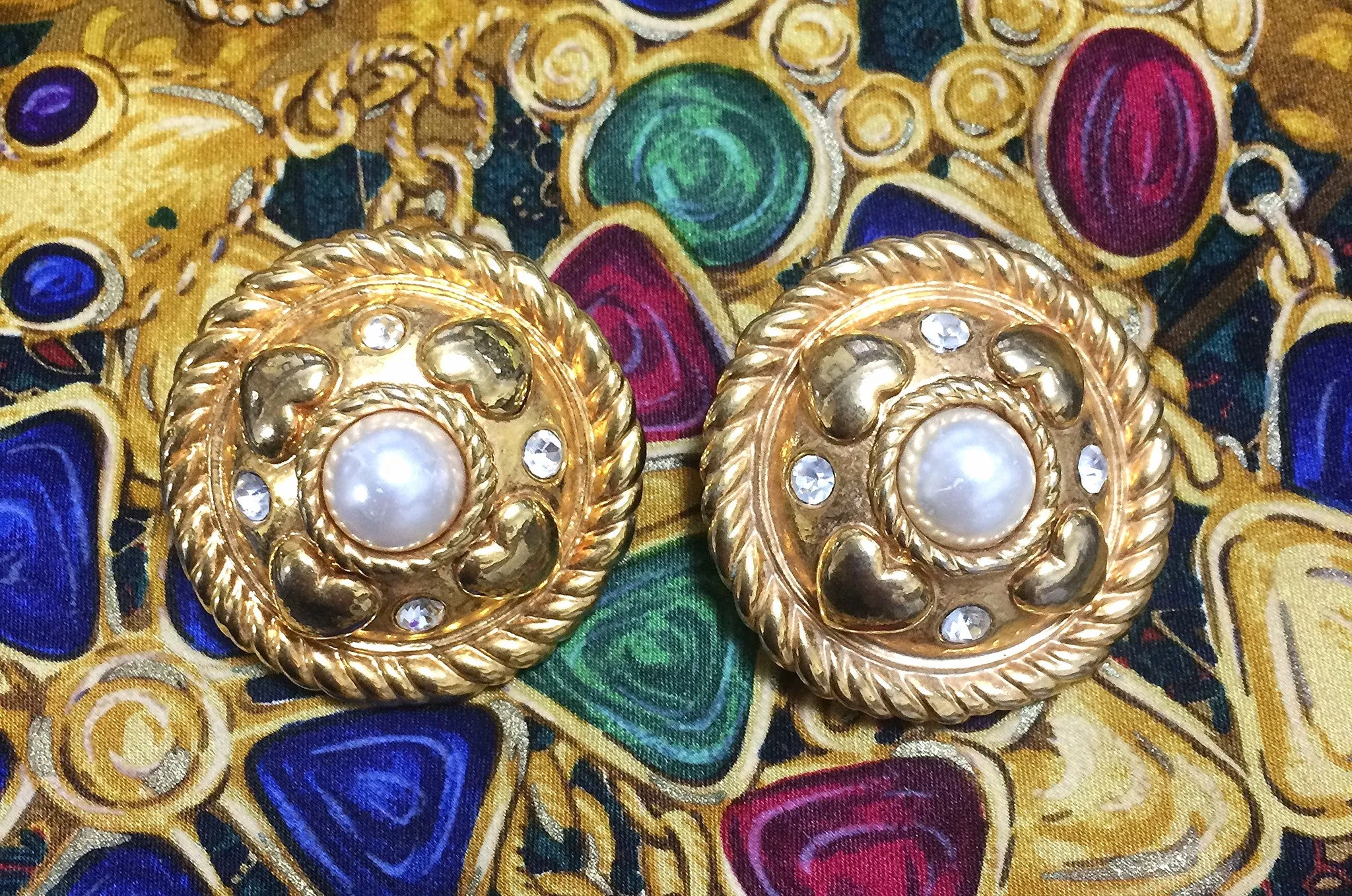 Vintage ESCADA extra large round golden earrings with heart, faux pearl, and rhinestones. 05062811