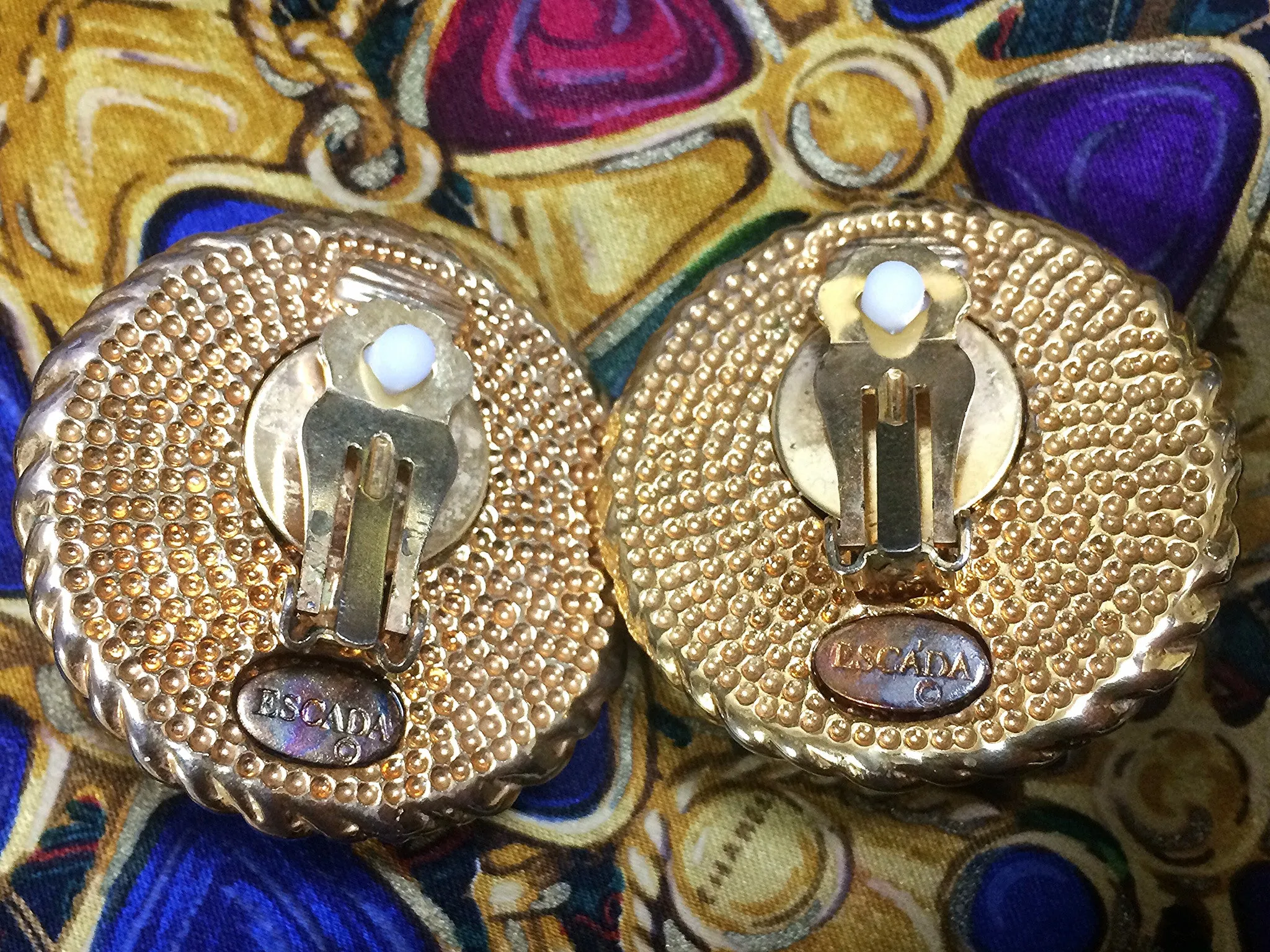Vintage ESCADA extra large round golden earrings with heart, faux pearl, and rhinestones. 05062811